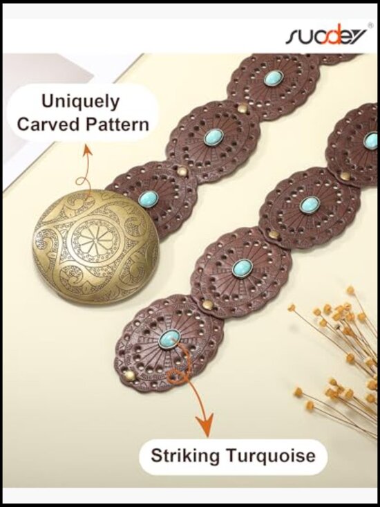 Wide Western Disc Belt with Turquoise Women Cowgirl Cowboy Boho Country Leather main image 5
